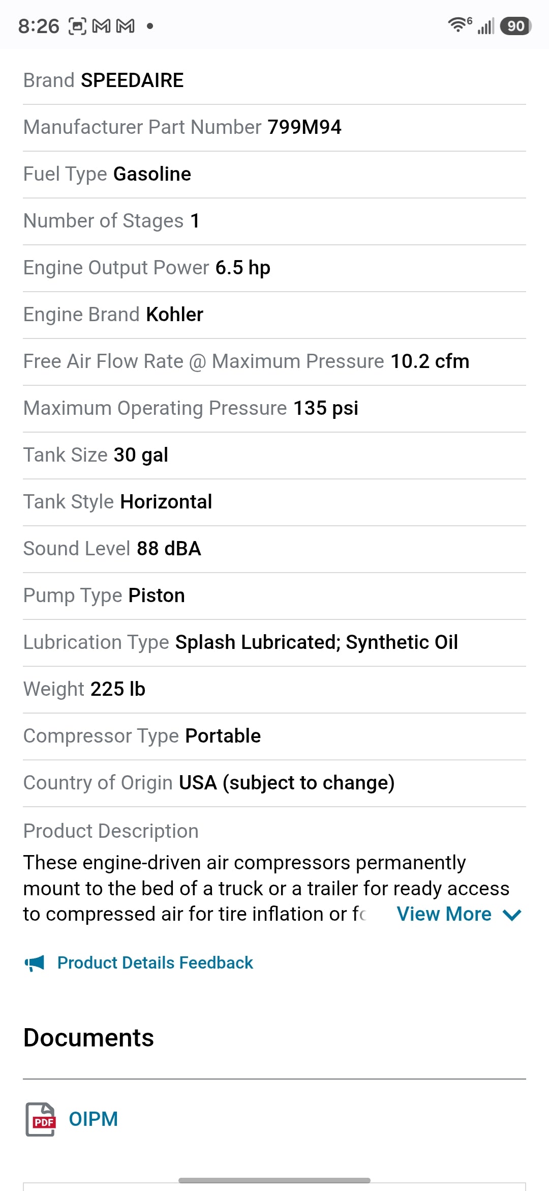 Speedaire Air Compressor with Kohler 6.5 HP Engine