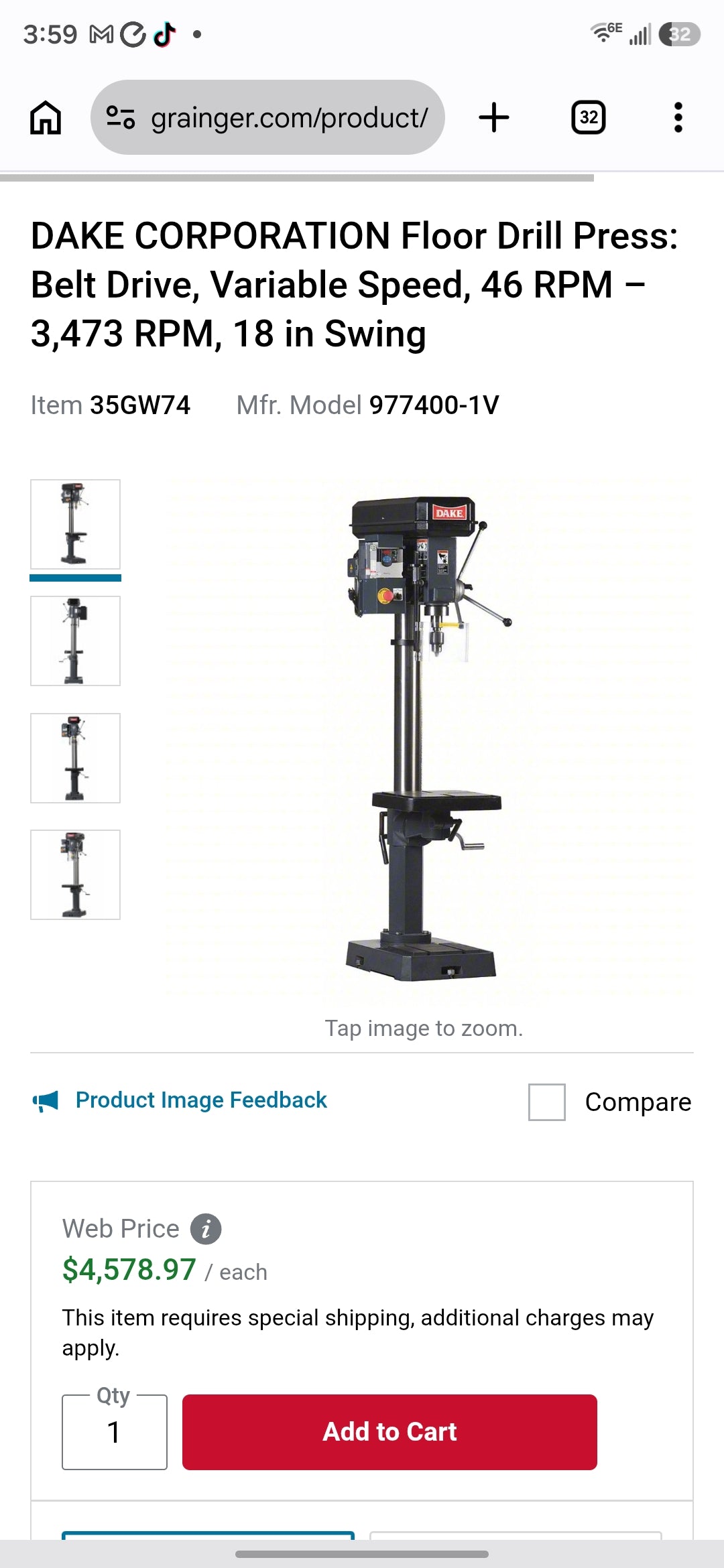 Floor Drill Press: Belt Drive, Variable Speed, 46–3,473 RPM, 18 in Swing
