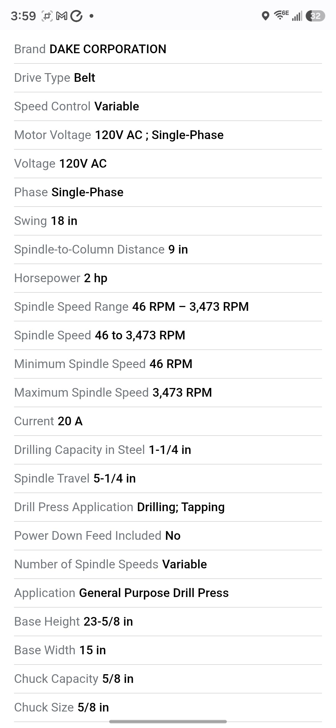 Floor Drill Press: Belt Drive, Variable Speed, 46–3,473 RPM, 18 in Swing