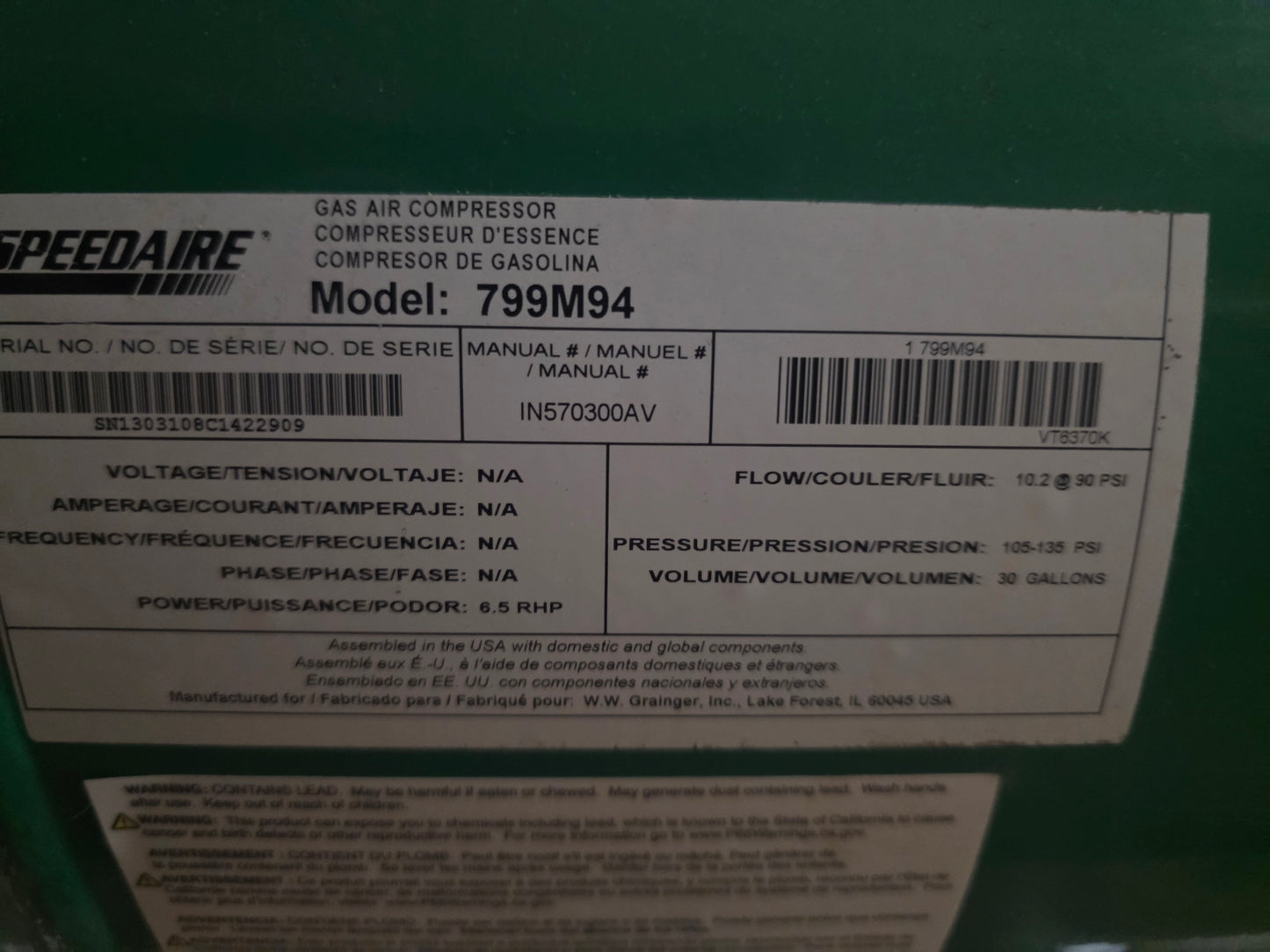 Speedaire Air Compressor with Kohler 6.5 HP Engine